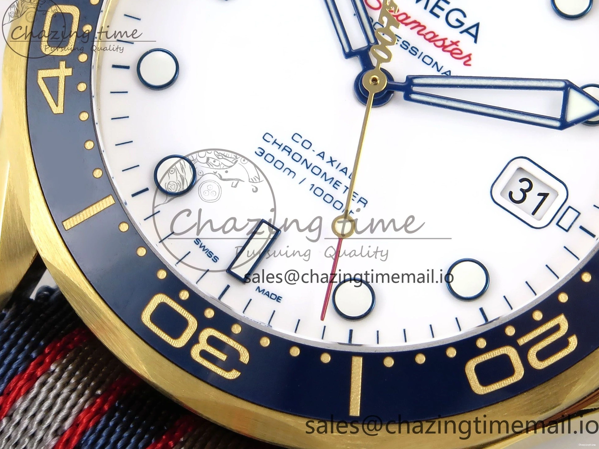0408 Seamaster 300m Diver YG OMF 1:1 Best Edition Blue Orange Ceramic White Dial on Blue Nato Strap A Colorful 7704